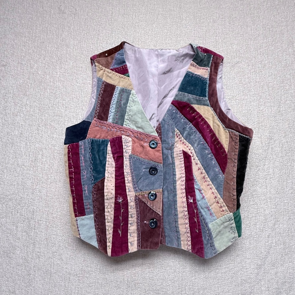 Vintage Patchwork Corduroy Velvet Vest Multicolor Embroidered Boho Art to Wear
